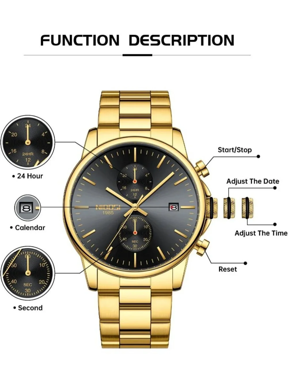 Men's Gold Stainless Steel Quartz Waterproof Day Date Casual Dress Wrist Watch